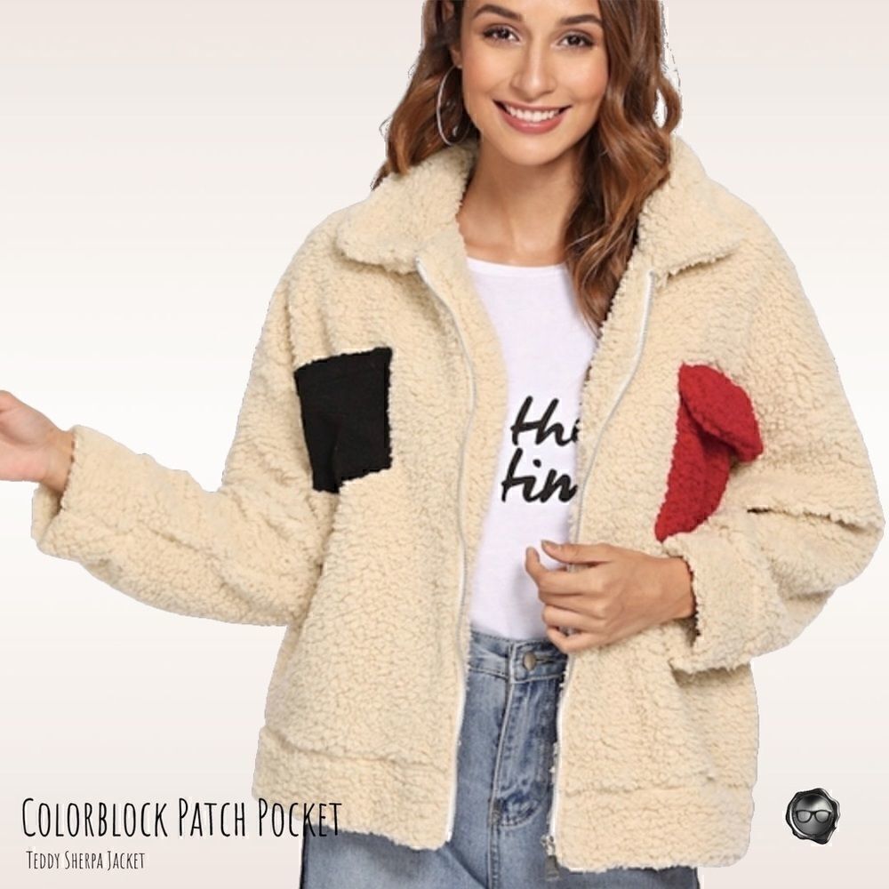 TEDDY SHERPA JACKET COLORBLOCK PATCH POCKET WOMEN’S SIZE SMALL OVERSIZED